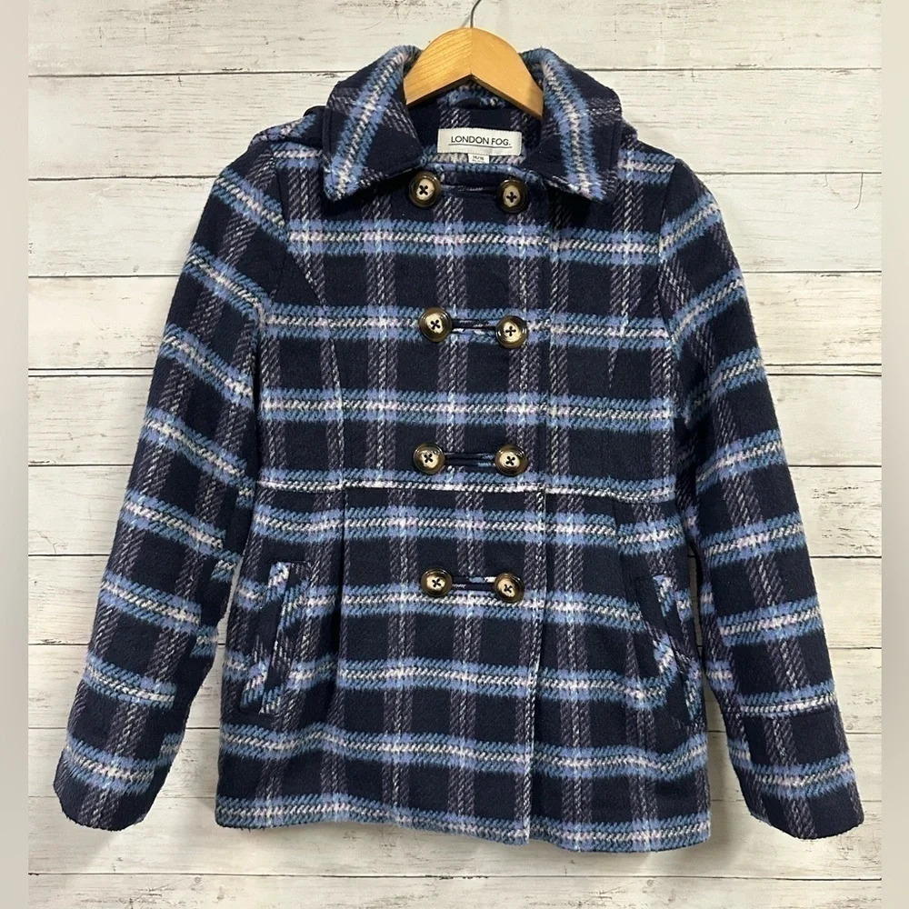 London Fog Girls Plaid Hooded Pea Coat Size 14/16